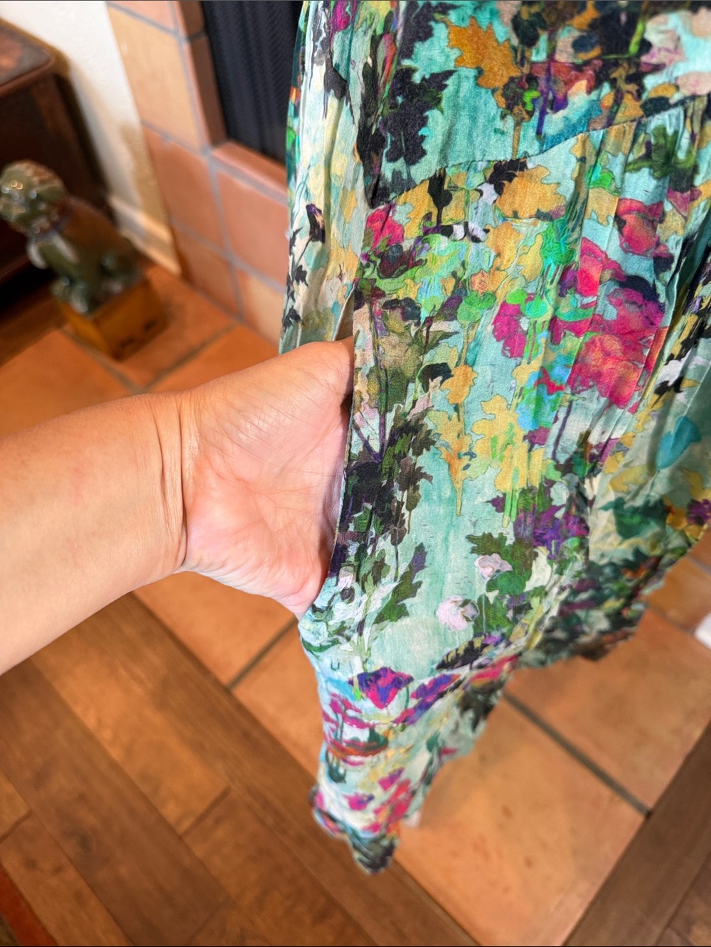 Peruvian Connection Teal Floral Short-Sleeve Scoop Dress with Pink Accents, sz M - Picture 5 of 9